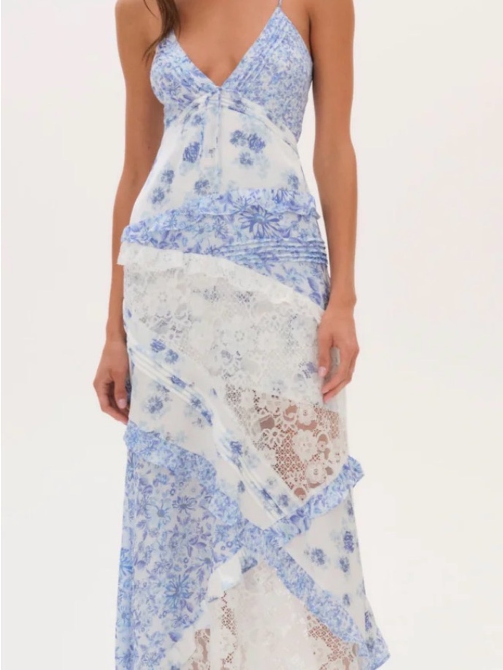 For Love & Lemons Blue and White Floral Lace Midi Dress